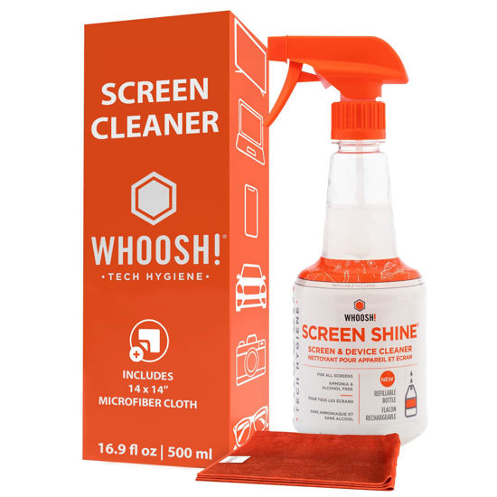 Picture of WHOOSH! Large Screen Cleaner Spray and Wipe - 16.9 fl oz + 1 Microfiber Cloth Wipe - for TV, Car, Computer, Laptop, MacBook, iPad, Phone, Camera, Touch Screen - Industrial Size Electronic Cleaner Kit