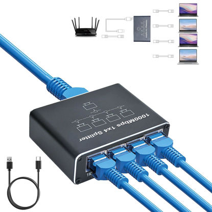 Picture of Ethernet Splitter 1 to 4 1000Mbps, Ethernet Switch High Speed, Ethernet Hub 4 Port Gigabit RJ45 Ethernet Cable Splitter with USB Power Cable for Cat5, Cat6, Cat7 Cat8[4 Devices Simultaneous Network]