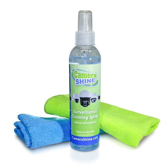 Picture of CameraShine Surveillance Camera Cleaning Kit - Easy to Use on Indoor/Outdoor Camera Lenses & Domes - Includes 8oz of Specialty Cleaning Solution and a Reusable Optical Quality Micro-Fiber Towel