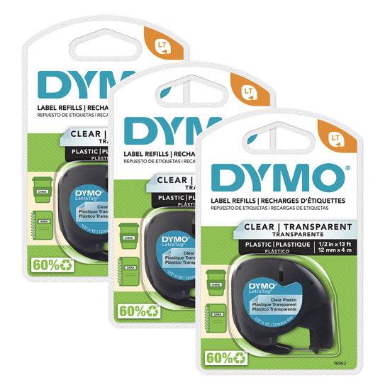 Picture of DYMO LT Labeling Tape for LetraTag Label Makers, Black Print on Clear Labels, 1/2" x 13-Foot Rolls, 3 Count