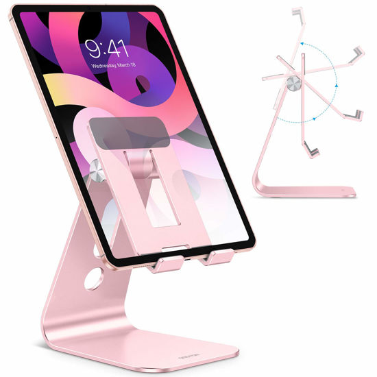 Picture of OMOTON Adjustable Tablet Stand for Desk, Upgraded Longer Arms for Greater Stability, T2 Tablet Holder with Hollow Design for Bigger Sized Phones and Tablets Such as iPad Pro/Air/Mini, Rose Gold