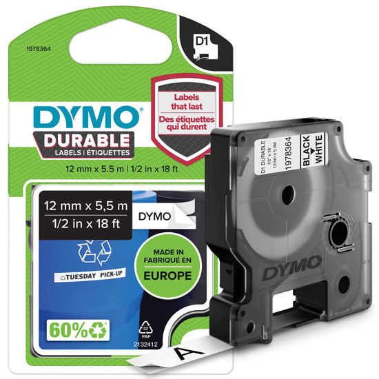 Picture of DYMO D1 Durable Labeling Tape for LabelManager Label Makers, Black Print on White Tape, 1/2" W x 18' L, 1 Cartridge