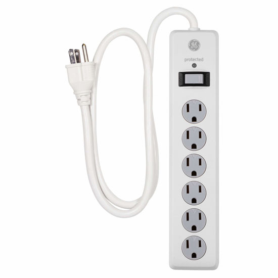 Picture of GE 6-Outlet Surge Protector, 3 Ft Extension Cord, Power Strip, 800 Joules, Heavy Duty Plug, Twist-to-Close Safety Covers, Protected Indicator Light, UL Listed, White, 14010