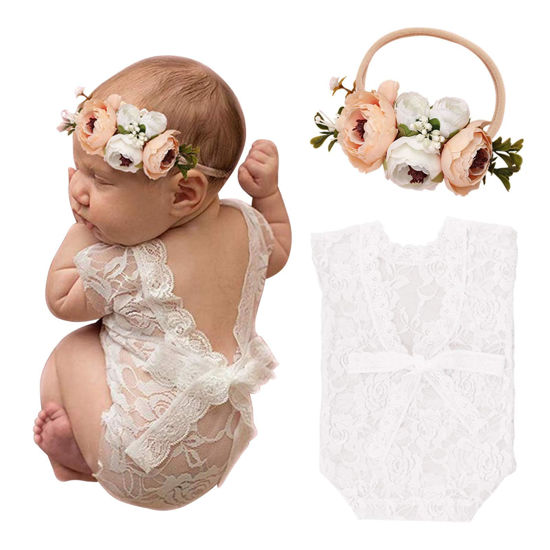 Picture of SPOKKI Newborn Baby Cute Lace Rompers Photography Props with Flower Headband Vest Floral Classic Outfits for Girl Princess Twins Birthday Party