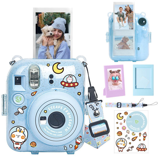 Picture of WOGOZAN Clear Case for Fujifilm Instax Mini 12 Instant Film Camera with Upgraded Photo Pocket Holds 10 Films on Back and Adjustable Strap - Glitter Blue(No Camera)