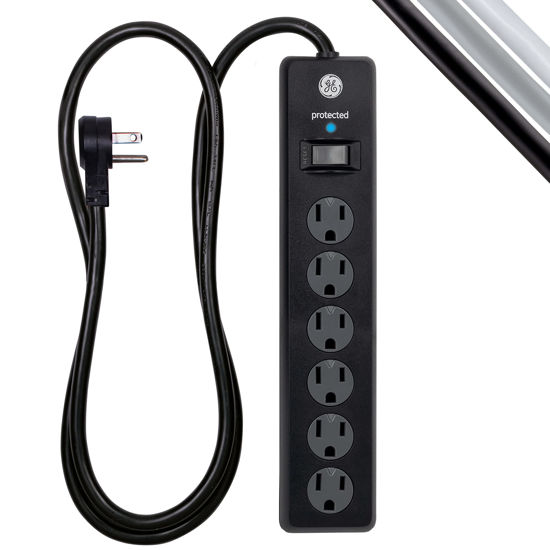 Picture of GE 6-Outlet Surge Protector, 4 Ft Extension Cord, Power Strip, 800 Joules, Flat Plug, Twist-to-Close Safety Covers, Protected Indicator Light, UL Listed, Black, 33659