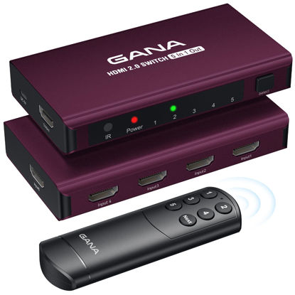 Picture of HDMI Switch 5 in 1 Out 4K@60Hz, GANA HDMI Splitter Switcher with Remote, Aluminum HDMI 2.0 Switch Box Hub for 3D, HDCP2.2, HDR, Compatible with Xbox, PS5/4/3,Fire Stick,Roku,Blu-Ray Player, Claret