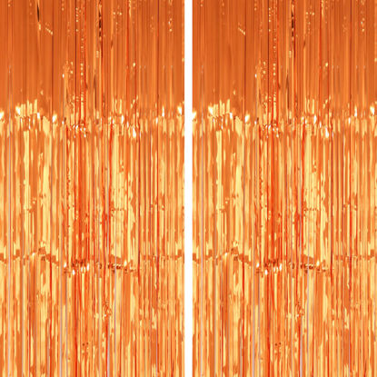 Picture of PIGETALE 2 Pack 3.2x8.2 Feet Orange Foil Fringe Backdrop Curtains, Metallic Tinsel Photo Booth Backdrop Streamers Birthday Party Decorations, Halloween Baby Shower Disco Basketball Party Supplies