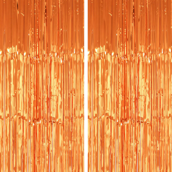 Picture of PIGETALE 2 Pack 3.2x8.2 Feet Orange Foil Fringe Backdrop Curtains, Metallic Tinsel Photo Booth Backdrop Streamers Birthday Party Decorations, Halloween Baby Shower Disco Basketball Party Supplies