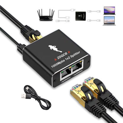 Picture of ZDQCB Gigabit Ethernet Splitter 1 to 2 High Speed 1000Mbps, RJ45 Splitter LAN Network Splitter Internet Splitter for Cat5/5e/6/7/8 Cable, Ethernet Cable Splitter 1 to 2 Ethernet Switch 2 Port