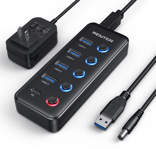 Picture of Powered USB 3.0 Hub, Wenter 5-Port USB Hub Splitter (4 Faster Data Transfer Ports+ 1 Type-C Charging Ports) with Individual LED On/Off Switches, USB Hub 3.0 Powered with Power Adapter for Mac, PC