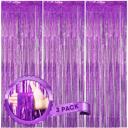 Picture of Voircoloria 3 Pack 3.3 x 8.2 ft Laser Purple Foil Fringe Backdrop Curtains, Tinsel Streamers Birthday Party Decorations, Fringe Backdrop for Graduation, Baby Shower, Gender Reveal, Disco Party