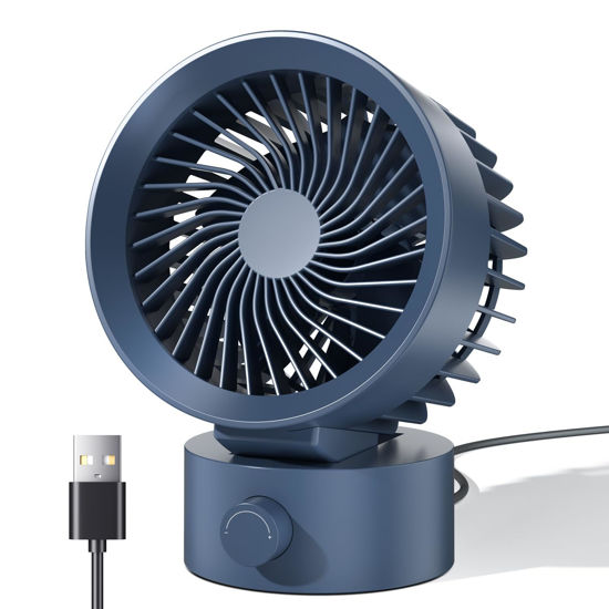 Picture of KinYiLO Small USB Desk Fan, Stepless Speed Control Mini Fan for Home Office Dorm Desktop, Ultra Quiet Cooling Fan, Plug In USB Powered, Portable Personal Table Fan for Laptop PC Car, Blue