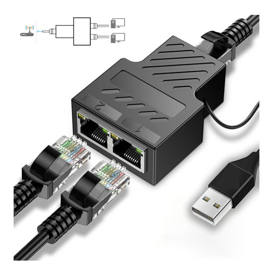 Picture of RJ45 Ethernet Splitter 1 to 2 Dual Port High Speed Adapter,100Mbps Network Ethernet Connector with USB Supply,8P8C Extender Plug for Cat5/5e/6/7/8 Cable(2 Devices Simultaneous Use)