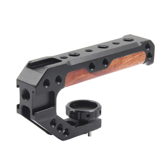 Picture of Wooden Camera Top Handle with 3 Cold Shoes to Mount DSLR Camera,FUGASUN Wooden Top Handle Grip with 1/4",3/8" Threaded Holes with Locating Pins for ARRI Grip for Camera Cage.