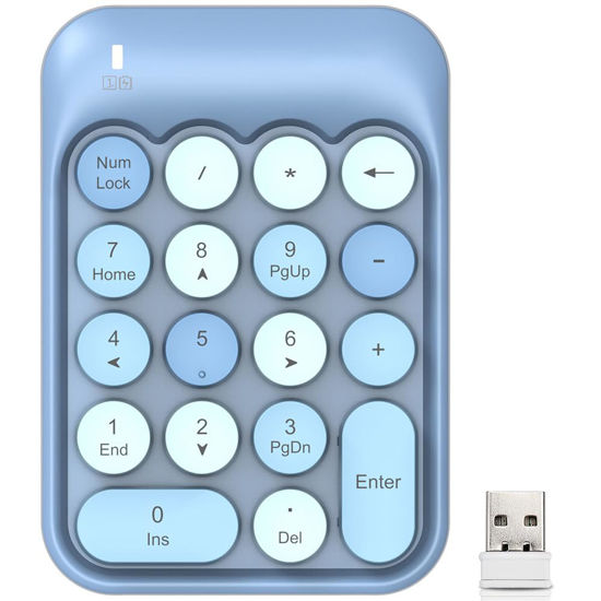 Picture of FELICON Wireless Numeric Keypad 18 Keys with 2.4G Mini Portable Silent Number Pad USB Receiver Financial Accounting Keyboard Extensions for Laptop Desktop PC Pro（Blue Mix）