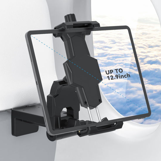 Picture of KDD Airplane Tablet Holder Mount, Adjustable Travel Essentials iPad Phone Stand with 360 Degree Rotation, Portable Tesla Model 3/Y Car Headrest Mount Compatible with iPad, Phone, Switch