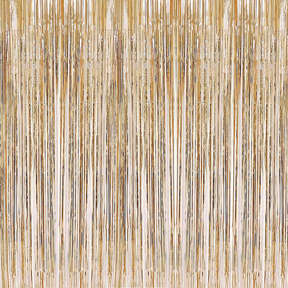 Picture of i-CHONY 2 Pcs 3.2ft x 8.2ft Champagne Gold Metallic Tinsel Foil Fringe Curtains Photo Booth Backdrop for Baby Shower Birthday Wedding Holiday Celebration Bachelorette Party Decorations