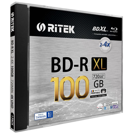 Picture of 1 Pack Ritek BD-R XL BDXL 100GB Archival Grade Triple Layers 4X White Inkjet Hub Printable Blank Disc w/Standard Jewel Case