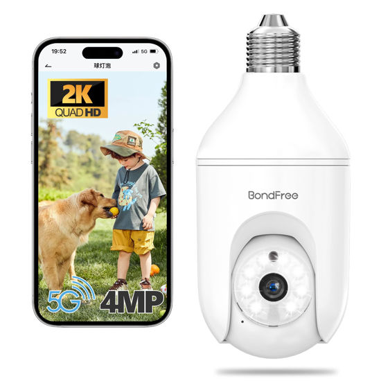 Picture of BondFree 4MP Light Bulb Security Camera 5G& 2.4GHz WiFi, Wireless Bulb Security Camera, E27 Light Socket, Full Color Day and Night,SD&Cloud Storage,Motion Tracking-Compatible with Alexa