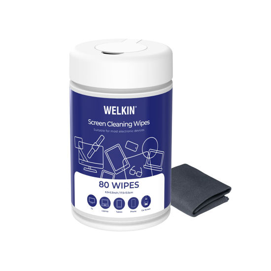 Picture of WELKIN 80 Electronics Cleaning Wipes - Non Toxic Screen Cleaner, Streak Free Touchscreen Cleaning for All Phones, Laptop, Computer, TV and Car，1 X Microfiber Cloth Included