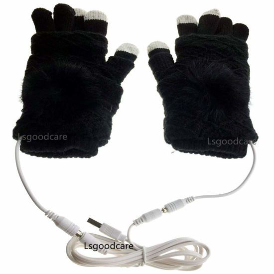 Picture of Lsgoodcare Black USB Fingerless Finger Heating Knitting Wool Hands Warm Gloves, Winter USB Powered Heated Touching Glove for Women Girls, Men Boy USB Glove Hand Warmers Great for Christmas