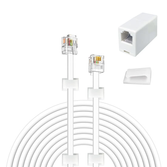 Picture of YOLISTIC 100 Feet Telephone Cable(RJ11 6P4C Plug) Include 1 in-Line Couplers(Double RJ11 6P4C Female) and 60 Cable Clips, White