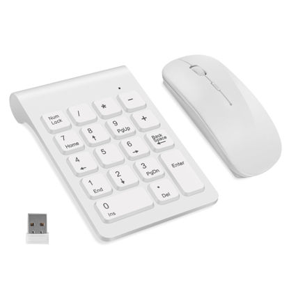 Picture of TRELC Wireless Numeric Keypad, Mini 2.4G 18 Keys Number Pad, Portable Silent Financial Accounting Numeric Keypad Keyboard Extensions with Wireless Mouse for Laptop, PC, Desktop, Notebook (White)