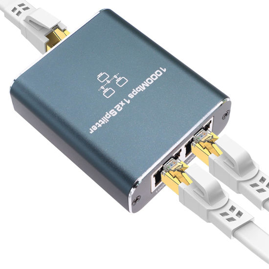 Picture of Ethernet Splitter 1 in 2 Out High Speed 1000Mbps RJ45 LAN Splitter Adapter with USB Power Cord Internet Gigabit Splitter for Cat5/5e/6/7/8 Cable Router, Aluminum Alloy, Color Gray