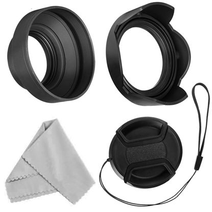 Picture of 58mm Lens Hood Set, Collapsible Rubber Lens Hood with Filter Thread + Reversible Tulip Flower Lens Hood + Center Pinch Lens Cap + Microfiber Lens Cleaning Cloth