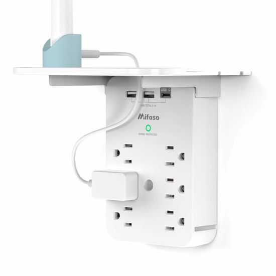 Picture of Wall Outlet Extender with Surge Protector, 6 AC Outlets, Shelf, 2 USB & USB C Charging Ports - Home & Dorm Plug Expander