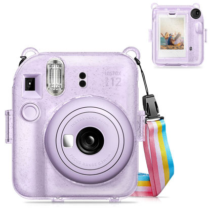 Picture of Fintie Protective Clear Case for Fujifilm Instax Mini 12 Instant Camera - Crystal Hard Shell Cover with Upgraded Film Pocket for Storing Photos & Removable Rainbow Shoulder Strap, Glittering Purple