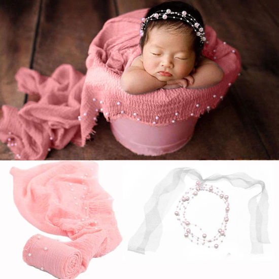 Picture of 2 PCS Newborn Photography Props, Baby Props Photography Wrap 35.5 by 67 in Newborn Photography Props with s Pearl Headband for Baby Photoshoots Posing Photo (Pink)