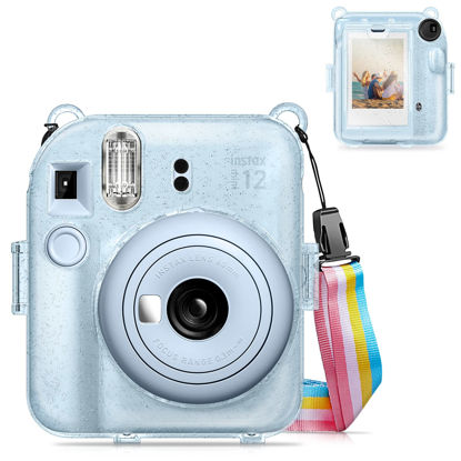 Picture of Fintie Protective Clear Case for Fujifilm Instax Mini 12 Instant Camera - Crystal Hard Shell Cover with Upgraded Film Pocket for Storing Photos & Removable Rainbow Shoulder Strap, Glittering Blue