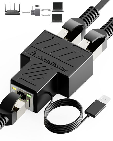 Picture of CableGeeker Ethernet Splitter High Speed, 100Mbps Ethernet Splitter 1 to 2 [2 Devices Simultaneous Networking], RJ45 Internet Splitter with USB Power Cable, Network LAN Splitter for Cat 5/6/7/8 Cable