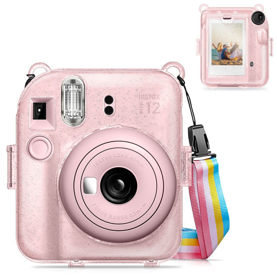 Picture of Fintie Protective Clear Case for Fujifilm Instax Mini 12 Instant Camera - Crystal Hard Shell Cover with Upgraded Film Pocket for Storing Photos & Removable Rainbow Shoulder Strap, Glittering Pink