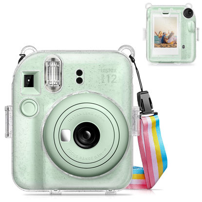 Picture of Fintie Protective Clear Case for Fujifilm Instax Mini 12 Instant Camera - Crystal Hard Shell Cover with Upgraded Film Pocket for Storing Photos & Removable Rainbow Shoulder Strap, Glittering Transparent