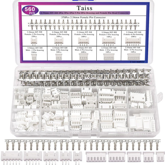 Picture of Taiss 560PCS 2.54mm JST-XH Connector Kit 2.54mm 2/3/4/5/6 Pin Housing Female and Male Adapter Cable Connector Plug,JST Connector Female Pin Head Connector Adapter Plug