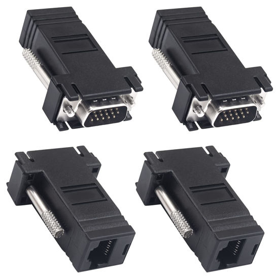 Picture of Poyiccot VGA Extender Over Ethernet Adapter, 4pcs VGA to RJ45 Adapter VGA 15 Pin Male to CAT5 CAT6 Female Network Cable Extender Adapter for Multimedia Video