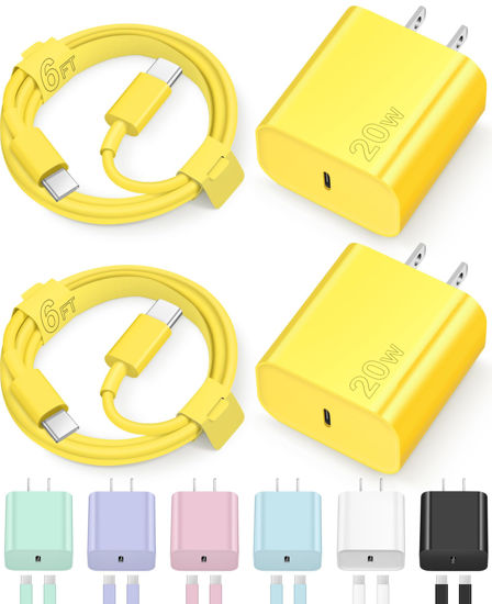 Picture of Charger for iPhone 15 Charger USB C Wall Charger iPad Pro Charger Block 2 Pack with 2 Pack 6FT Cable for iPhone 15/15 Plus/15 Pro/15 Pro Max/iPad Pro/Mini/Air/Air4/AirPods/Samsung(Yellow)