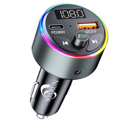 Picture of Bluetooth 5.3 FM Transmitter Car Adapter - SOARUN Fast Car Charger 54W [PD 36W & QC3.0 18W], Wireless FM Radio Transmitter, 9 Colors LED Backlit, Hands-Free Calling