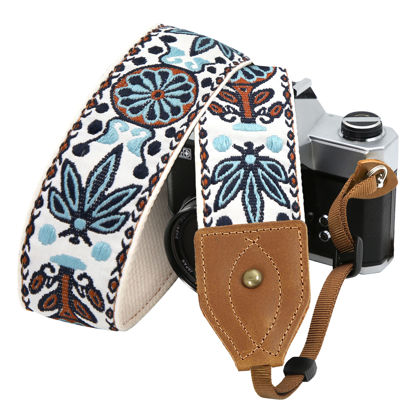 Picture of Padwa Lifestyle Camera Strap for All DSLR/SLR Cameras - Double Layer top-grain Cowhide Ends,2" Wide Vintage Embroidered Pure Cotton Camera Strap,Adjustable Universal Strap,Great Gift for Photographers