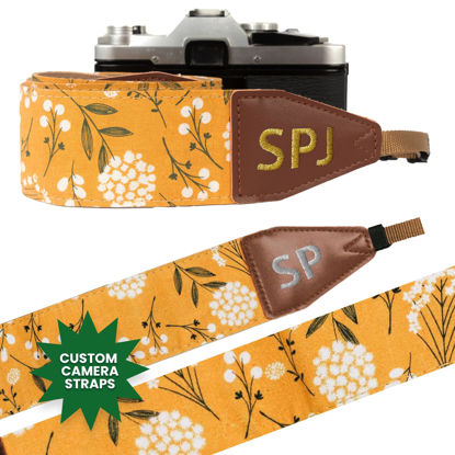 Picture of Art Tribute Custom Made, Name or Initials Embroidered to a Beautiful Yellow Spring Flowers Camera Strap - Make Your Strap Unique! Get Your Own Personalized Camera Strap