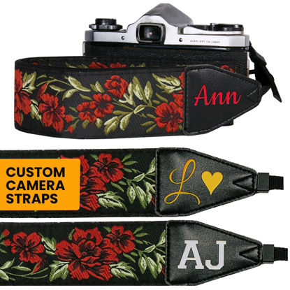 Picture of Custom Made , Name or Initials Embroidered to a Beautiful Red Flowers Camera Strap - Personalized Christmas Gift & Stocking Stuffer - Make Your Strap Unique! Get Your Own Personalized Camera Strap