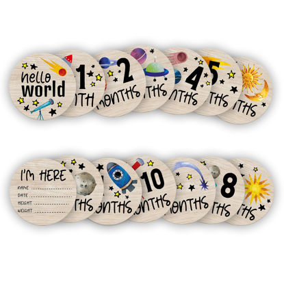 Picture of Baby Monthly Milestone Circles, Astronaut Space Stuff Wooden Discs for Baby Photo Takens with Hello World Signs - 7 Pcs Double Sides Round Circles Signs for Documenting Growth