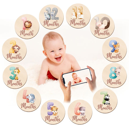 Picture of Monthly Baby Milestone Cards - Pregnancy and Baby Shower Gifts,Baby Monthly Milestone Cards with Animals Printed Milestone Wooden Discs Includes Boy/Girl Birth Announcement Sign