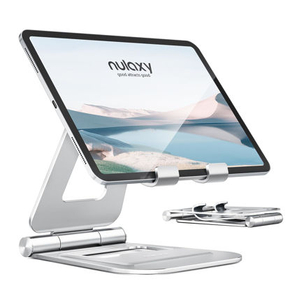 Picture of Nulaxy Aluminum Dual Foldable iPad Stand, Fully Adjustable Desktop Tablet Holder, iPad Accessories for Office Kindle Compatible with Mobile Devices iPad Pro/Air/Mini, iPhone Pro/Max/Plus, Silver