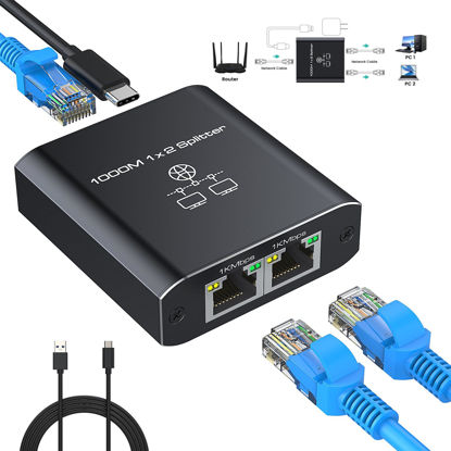 Picture of Gigabit Ethernet Splitter 1 to 2 High Speed 1000Mbps, LAN Network Splitter with USB Power Cable, Gigabit RJ45 Internet Ethernet Splitter for Cat 5/5e/6/7/8 Cable [2 Devices Networked Simultaneously]