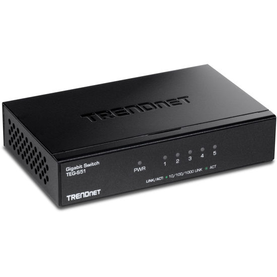 Picture of TRENDnet 5-Port Gigabit Desktop Switch, TEG-S51, 5 x Gigabit RJ-45 Ports, Ethernet Splitter, 10Gbps Switching Capacity, Fanless Design, Metal Enclosure, Lifetime Protection, Black