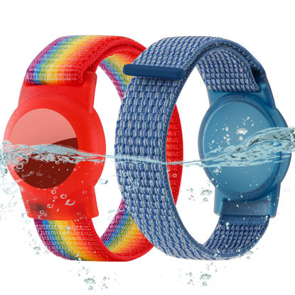 Picture of Waterproof Airtag Bracelet for Kids (2 Pack), Soft Nylon Hidden Air Tag Wristband Full Cover Lightweight GPS Tracker Holder Compatible with Apple Airtag Band for Toddler Child (Deep Rainbow/Blue)